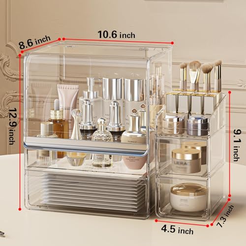 Makeup Organizer for Vanity With Lid, Stackable Cosmetics Organizer and Storage,Dustproof Clear Acrylic Makeup Organizer (Large + Drawer box + Lipstick Organizer)