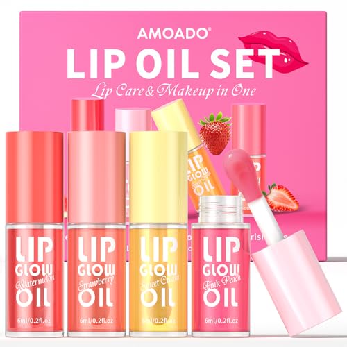 AMOADO Tinted Lip Oil Set - Hydrating Glossy Lip Gloss with Fruity Flavors, Non-Sticky, 4 Shades for Women & Girls