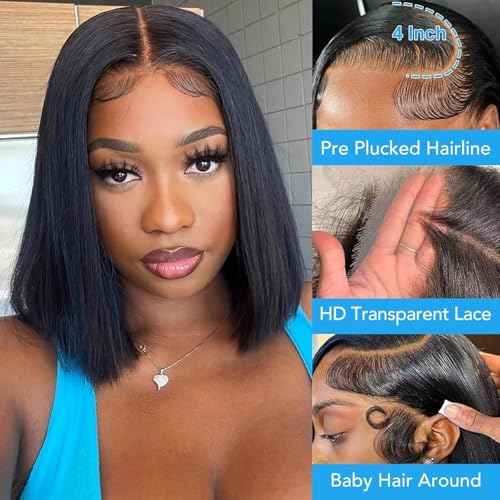 Bob Wig Human Hair 10 Inch 13x4 Lace Front Wigs Human Hair Pre Plucked 200% Density Short Straight Bob Wig Natural Color Glueless Bob Wigs for Black Women