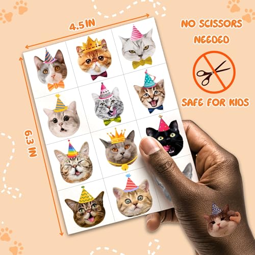 96PCS Cat Individually Wrapped Tattoos, Cat Temporary Tattoos, Animal Stickers Waterproof, Birthday Decorations Party Supplies, Party Favors, School Rewards Gifts Ideas for Girls Boys