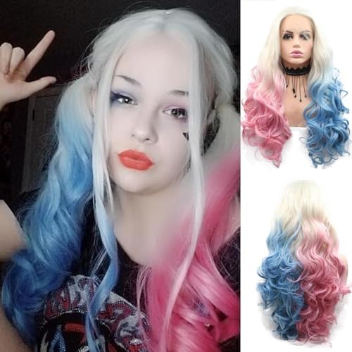 Xiweiya Wig 60# Platinum Blonde Ombre Blue Mixed Pink Lace Front Wig Long Body Wavy 3 Tones Synthetic Lace Front Wig Heat Resistant Fiber Wig for Woman Halloween Harley Quinn Cosplay 24inch