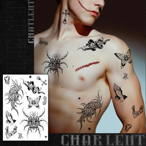 Gothic Temporary Tattoos for Men Women Adult - 9 Sheets Large Fake Tats for Men - Halloween Demon Skull Snake Scorpion Fake Tattoos for Arm Chest Sleeve