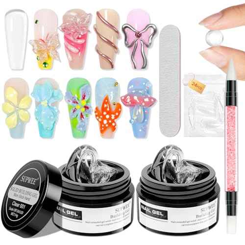 2PCS Clear 3D Sculpting Gel Non-Stick Hand Solid Builder 3D Nail Gel Art with Silicone Pen for 3D Modeling Nail Art Home Manicure DIY for Women