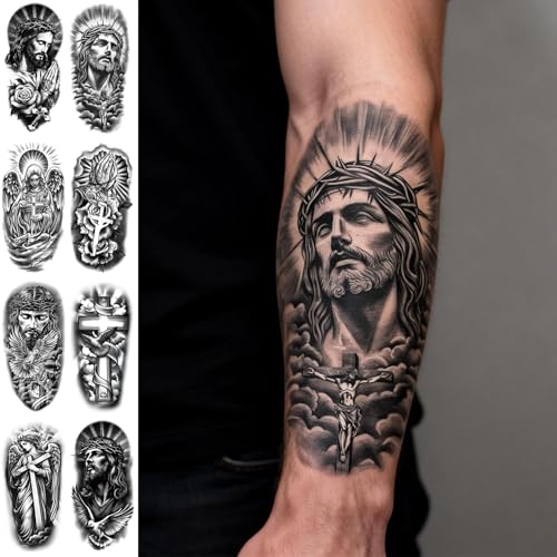 8 Sheets Waterproof Temporary Tattoo Stickers - Religious & Floral Designs