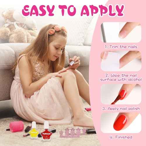 TOMICCA Kids Nail Polish - Quick Dry Non-Toxic Nail Polish Set 10 Colors, Peel Off Water Based Rainbow Nail Polish, Kids Natural Safe Nail Polish for Toddler Teen DIY Nail Art