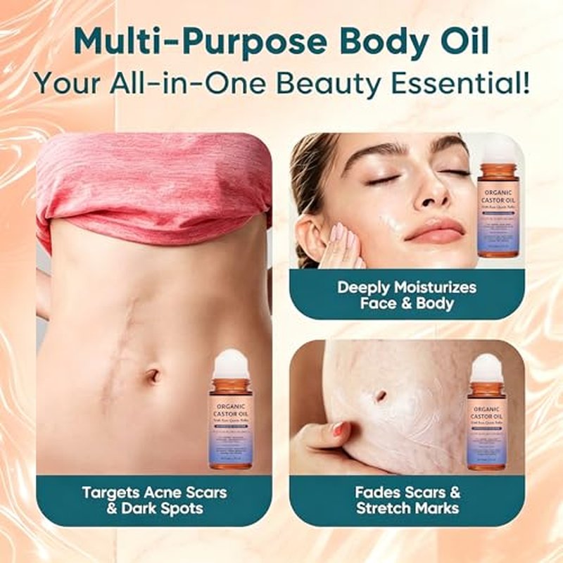 Organic Castor Oil with Rose Quartz Roller - 1.7oz Pure & Cold-Pressed
