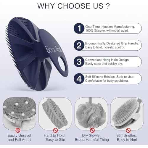 Silicone Body Scrubber 2 Pack, BEAUTAIL Shower Bath Wash Brush, Gentle Exfoliating Scrub Cleansing Loofah for Women Men Baby Sensitive Skin, Easy to Clean, Lather Nicely, More Hygienic, Pink+Blue