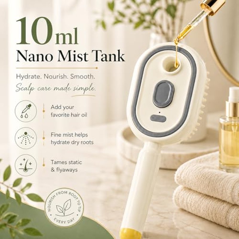 Electric Nano Mist Hair Brush, Rechargeable 3-in-1 Detangler