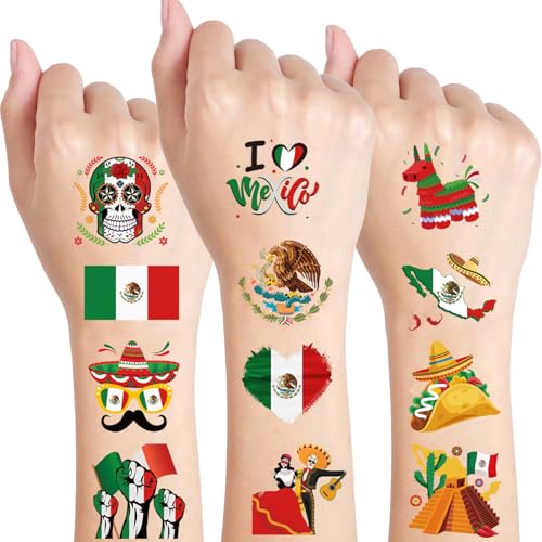 Mexican Independence Day Temporary Tattoos,96pcs Pre-cut Individually Mexico Flag Themed Face Tattoo Stickers for September 16th Viva Mexican Party Decorations Favors Suppy