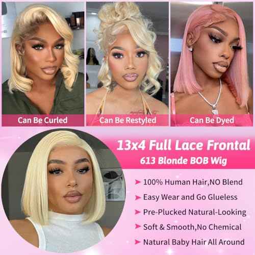 Blonde Bob Wig Human Hair 200% Density 613 Bob Wig Human Hair 10 Inch 613 13x4 Hd Lace Frontal Wig Pre Plucked With Baby Hair