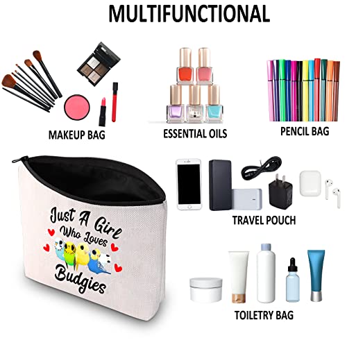 G2TUP Budgie Lover Gift Who Loves Budgies Makeup Bag Budgie Mom Cosmetic Bag Parakeet Pet Bird Lover Gift for Budgerigar Girls Women (Who Loves Budgies White Bag)
