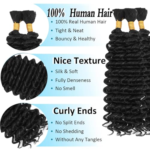 22-Inch Natural Black Deep Wave Human Braiding Hair - 3 Bundles