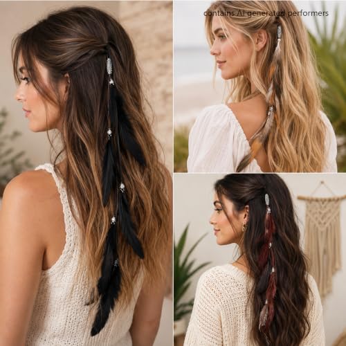 Feather Hair Clips, Boho Braided Extensions with Metal Buckle
