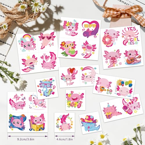 Konsait 96PCS Axolotl Tattoos for Kids, Pre-cut Axolotl Theme Temporary Tattoos, Axolotl Birthday Decorations Party Favors, Kids Axolotl Gifts & Reward, 48 Designs