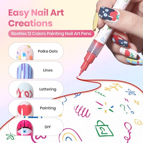 Beetles 12-Color Fine Line Nail Art Pens - 0.5mm Acrylic Markers Set