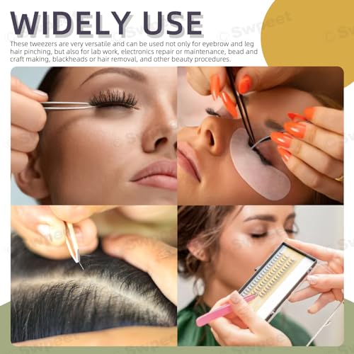 Swpeet 12Pcs 3.79 Inches Black Eyebrow Tweezers Stainless Steel Slant Tip Tweezers Kit, Professional Eyebrow Facial and Hair Remover, Slant Pointed Precision Tweezers Fits for Men and Women