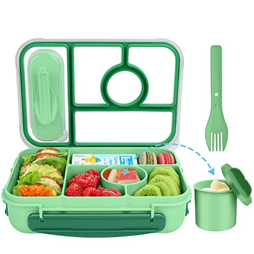 Demiue Lunch Box Kids,Bento Box Adult Lunch Box, Bento Lunch Containers for Adults/Kids/Toddler,5 Compartments with Sauce Vontainers,Microwave & Dishwasher & Freezer Safe,BPA Free(Green)