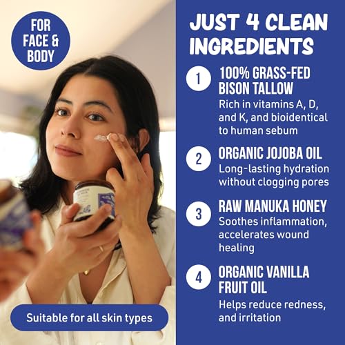 Whipped Bison Tallow Balm w/Manuka Honey, Jojoba, Organic Vanilla - Grass-Fed & Finished Organic Tallow Face Moisturizer - Face & Body Cream for Acne-Prone Skin - Nourishing Skincare (2.5 oz)