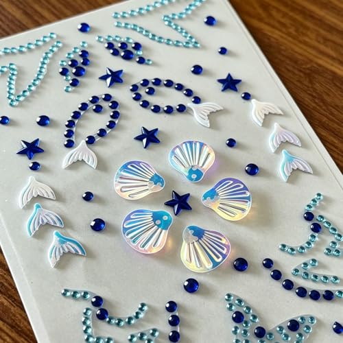 50pcs Blue Mermaid Face Gems Stickers - Self Adhesive Rhinestone Jewels