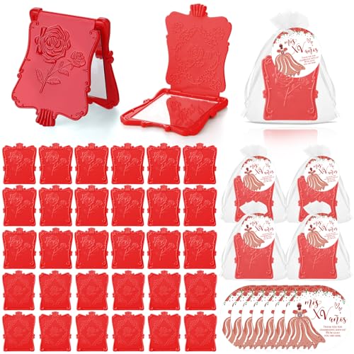 Wenqik 50 Set Quinceanera Party Favors for Guests Include Rose Compact Mirror Quinceanera Card and Organza Bag Mis Xv Sweet 15th Birthday Party Favors (Red)