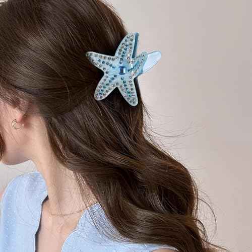 3.15 inch Acrylic Starfish Hair Claw Clip for Women Girls, Non-Slip Blue Rhinestone Ocean Animal Jaw Clamp Strong Holder for Thick Thin Hair Styling Accessory Beach Vacation Gift