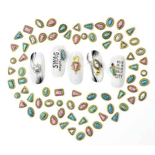 60 Piece Set of Turquoise Gemstone Pendants - 3D Nail Accessories with Hollowed Out Design, Vintage Pendants Suitable for DIY and Western Nail Art, Blue