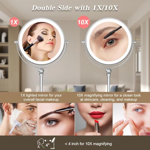Rocollos 9-Inch Chrome Rechargeable LED Makeup Mirror with Vanity Tray & 10X Magnification
