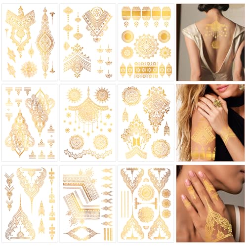 Metallic Gold Temporary Tattoos for Women - 9 Sheets