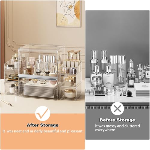 Makeup Organizer for Vanity With Lid, Stackable Cosmetics Organizer and Storage,Dustproof Clear Acrylic Makeup Organizer (Large + Drawer box + Lipstick Organizer)