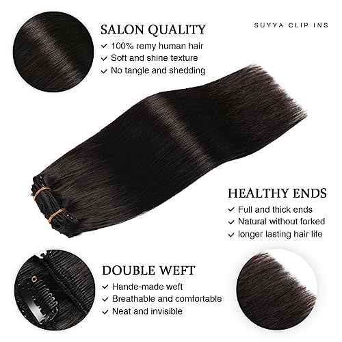 SUYYA 16 Inch 120g 7pcs Clip in Hair Extensions, Straight Double Weft Natural Black (16 inches #1B Off Black)