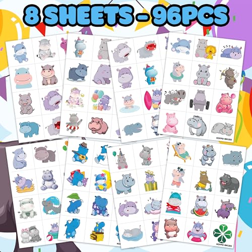 96 Hippo Temporary Tattoos - Jungle Party Favors for Kids