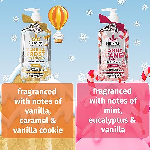 Hempz Sweet Wonderland Candy Cane Lane (17 Oz) & Vanilla Frost Mountain (17 Oz) Body Moisturizing Lotion Gift Set – Festive Holiday Cream Skin Care for Women & Men, Made with Shea Butter