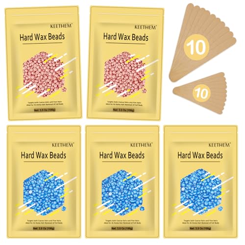 Wax Beads for Hair Removal - 5 * 100g/17.6 oz Wax Beads Waxing at Home for Sensitive Skin Women - Hard Wax Beads with 20 sticks, Bikini Brazilian Body Face Wax