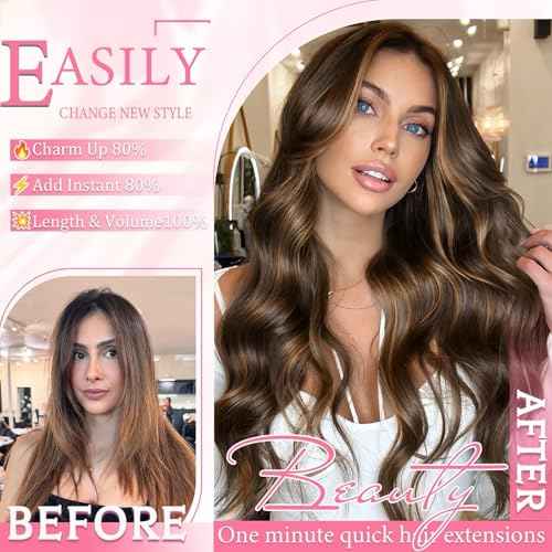 Clip in Hair Extensions Real Human Hair, Seamless Balayage Human hair Clip ins Extensions for Women Invisible Straight 8Pcs Double Weft Dark Brown Highlight Chestnut Brown 24inch 120g