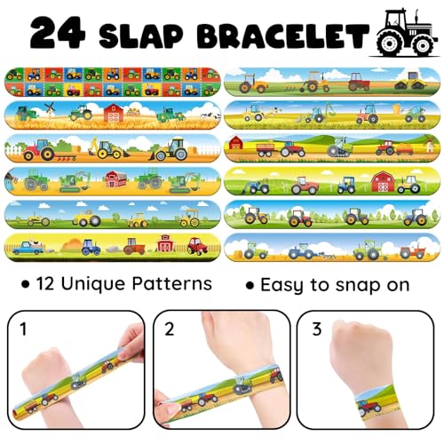 60-Piece Tractor Party Favors Set: 36 Tattoos & 24 Slap Bracelets