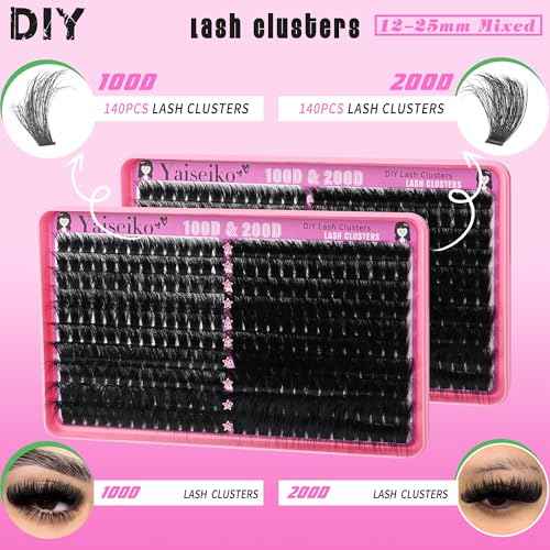 Lash Clusters 100D+200D Thick Eyelash Clusters 12-25mm Wispy Individual Mega Volume Lashes D C Cluster Eyelash Extensions 280Pcs DIY Lash Extension at Home, by Yaiseiko(Plant Fiber)