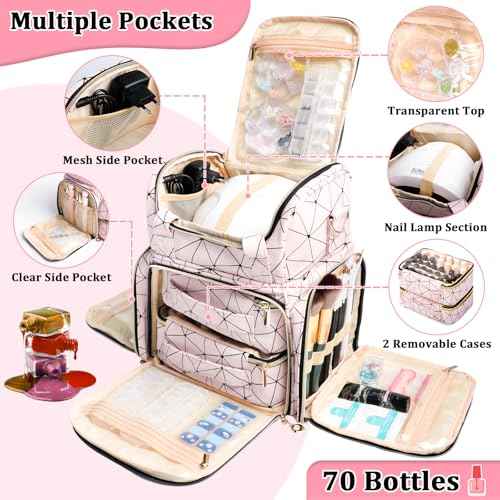 Nail Polish Organizer Bag - PU Leather Shoulder Storage with 2 Removable Cases and Nail Lamp, Holds 70 Bottles - Portable Travel Backpack for Nail Tech Supplies (Pink)