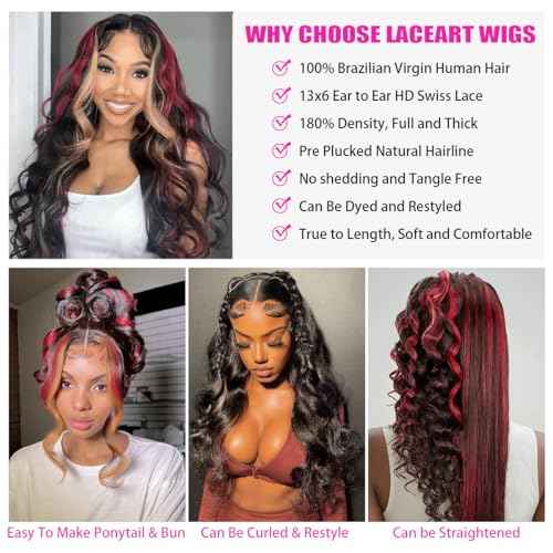 13X6 Burgundy Lace front Wigs Human Hair Ombre Lace Front Wig 24Inch 1B/27/99J Highlight Lace Front Wig Human Hair Burgundy Colored Body Wave Wigs Pre Plucked