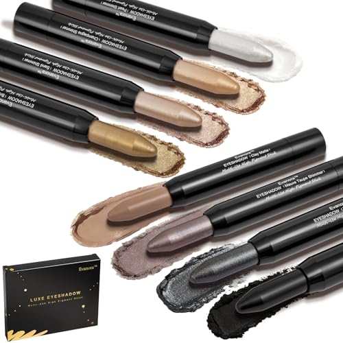 Evanora 8Color Eyeshadow Stick Set Matte Shimmer Eye Shadow Pencil Makeup Kit Silky Smooth, Waterproof, Transfer-Proof, All-Day Wear Matte & Shimmer Eye Makeup