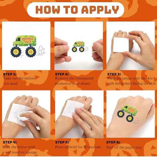 50 PCS Monster Trucks Temporary Tattoos for Kids, Monster Truck Fake Tattoos for Birthday Party Supplies Racing Car Checkered Flag Trophy Flame Tattoo Stickers for Kids Boys Girls Party Bag Filler