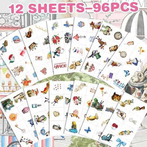 Alice in Wonderland Temporary Tattoos, 96pcs Alice in Wonderland Tattoos, Htabiol Alice in Wonderland Decor, Alice in Wonderland Party Favors, Suit for Onederland 1st Birthday, Mad Hatter Tea Party