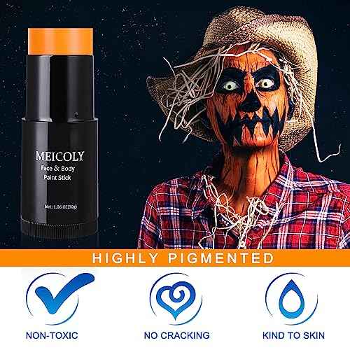 MEICOLY Orange Face Body Paint Stick(1.06 Oz),Cream Face Paint for Halloween Pumpkin Tiger Special Effects SFX Makeup,Orange Eye Black Baseball/Softball,Sweatproof & Waterproof
