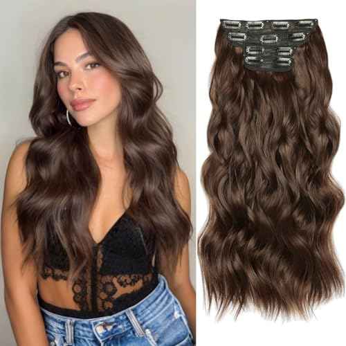 Clip in hair Extension,4Pcs Brown Clip in Synthetic Hair Extensions,22inch Long Wavy Curly Hairpieces Fiber, Chestnut Double Weft Thick and Soft Hair Extensions party daily for women girls