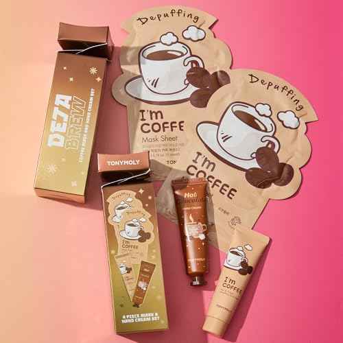 TONYMOLY Deja Brew 4-Piece K-Beauty Coffee Skincare Gift Set ? 2 Sheet Masks, Coffee Wash-Off Mask, Hot Chocolate Hand Cream ? Hydrating, Nourishing, Limited-Edition