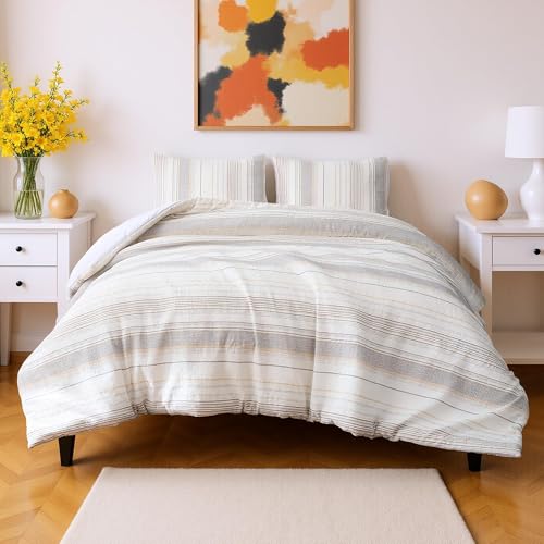Amazon Basics 3-Piece Comforter Set Queen Beige Striped – Jacquard All-Season