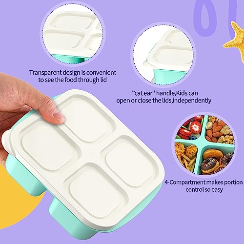 RGNEIN Bento Lunch Box for Kids (4 Pack) - 4-Compartment Salad Container for Lunch, Reusable BPA-Free Food Prep Containers, Snack Container for School, Work, and Travel (White Lid)