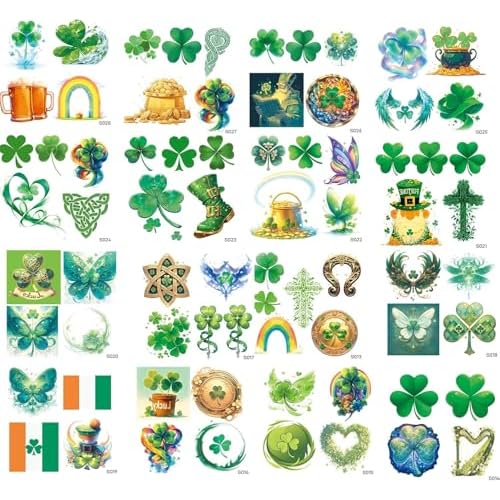 Aresvns St. Patrick's Day Temporary Tattoo 24 Pcs Green Shamrock,Green Tattoos Lucky Clover Tattoos Art Make up Deco Irish Party Favors For Men And Womem
