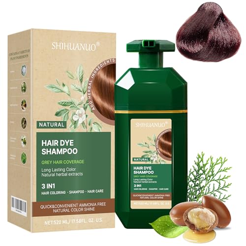 SHIHUANUO Black Hair Dye Shampoo 3 in 1 Cherry Brown Herbal & Ammonia-Free 520ml for Gray Hair Coverage