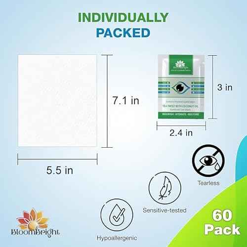 60 Pcs Tea Tree Oil Eyelid Cleansing Lash Wipes with Coconut, Hyaluronic Acid, Green Tea, Chamomile, Aloe Vera ? Itchy Stye Eyes Relief ? Individually Wrapped Makeup Remover Daily Cleanser (60 Count)
