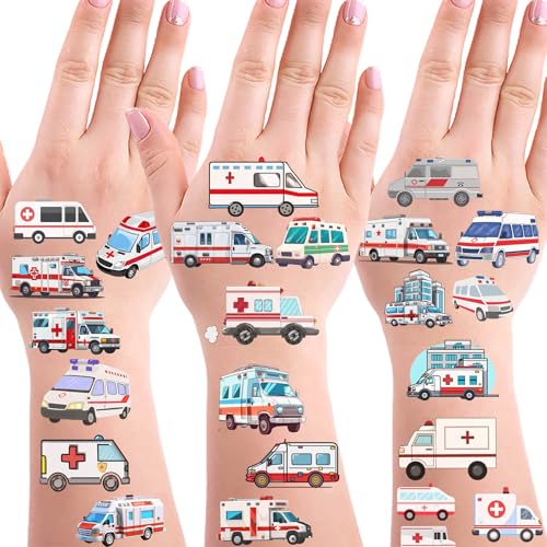 296 Pcs Ambulance Car Temporary Tattoos for Kids - Emergency Vehicle Medical Hospital Doctor Nurse Themed Party Supplies Goodie Bag Stuffers Favors Prize Stickers(24 Sheets)